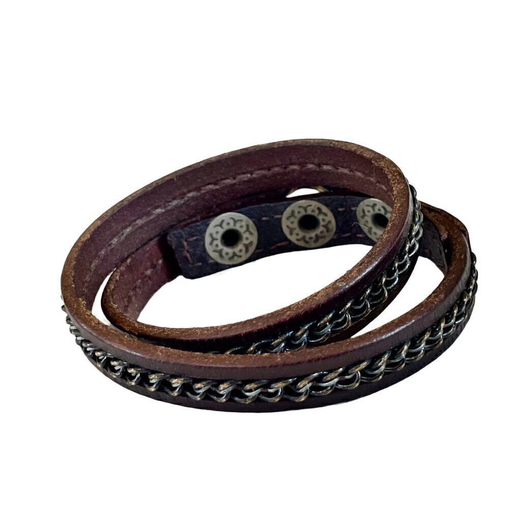 Brown Leather Copper Wire Wrap Bracelet - Picture 2 of 5
